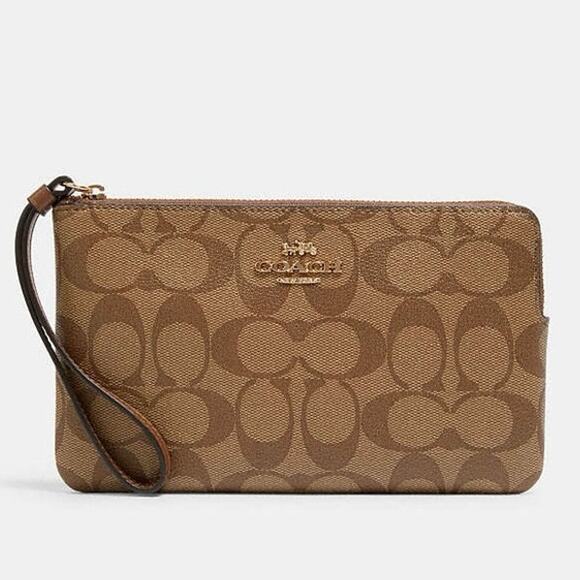 COACH Double Zip Wallet Wristlet in Signature Coated Canvas in Classic Khaki - Picture 1 of 13